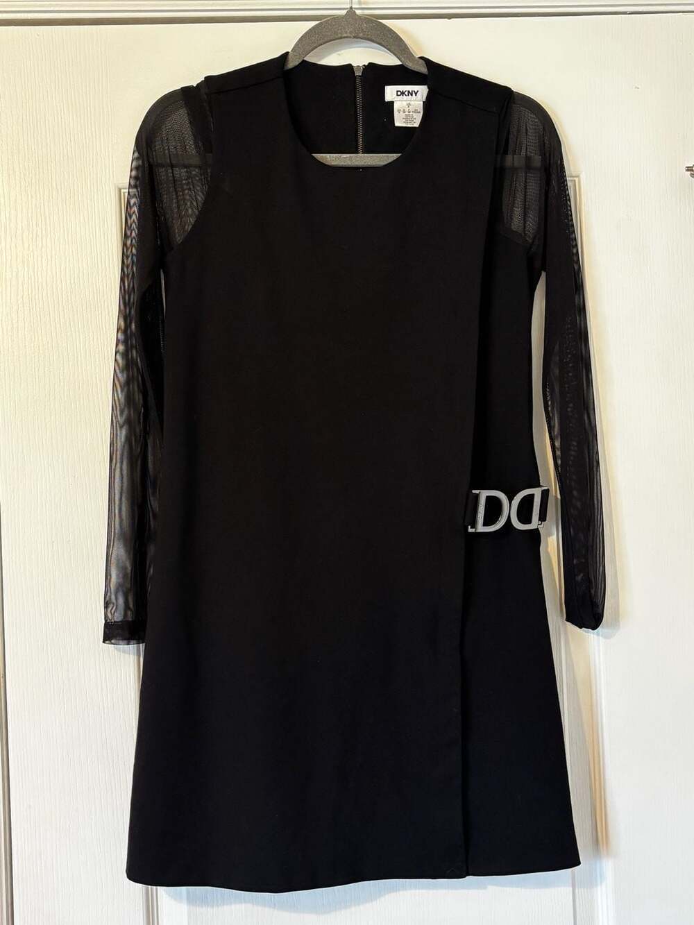DKNY Black Long Sleeve Mesh Detail Buckle Dress Size 6